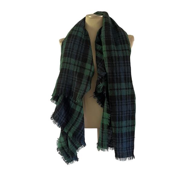 ModCloth Blue Green Plaid Fringe Blanket Scarf - Picture 1 of 7